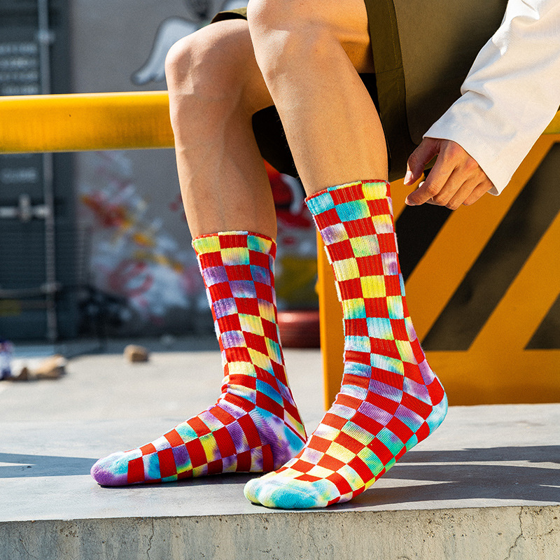 Absorbent Terry Socks Tie Dye Socks Men Crew Socks Breathable Tide Female Students Checkered Cotton Socks